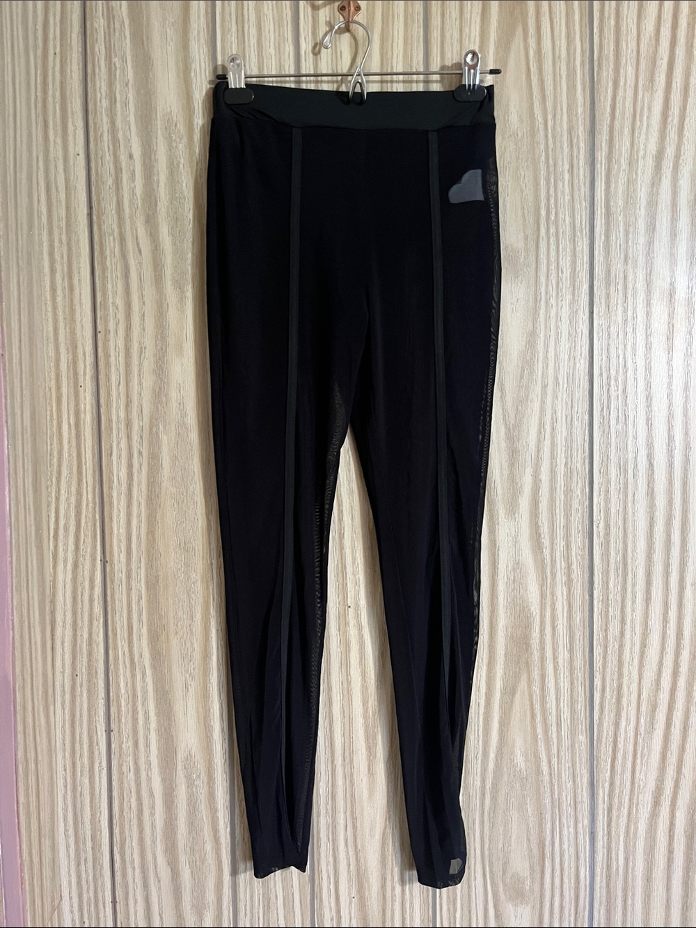 Black Sheer Mesh Panel Flare Leggings Pants Built-In Briefs - Size S/M